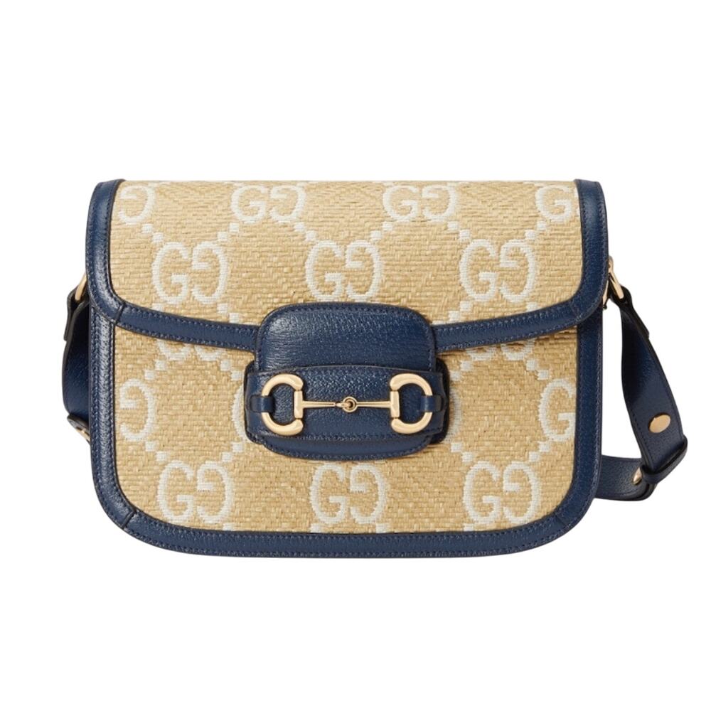 Gucci GG Raffia Calfskin Monogram Horsebit 1955 Mystic White Blue Agata NWT